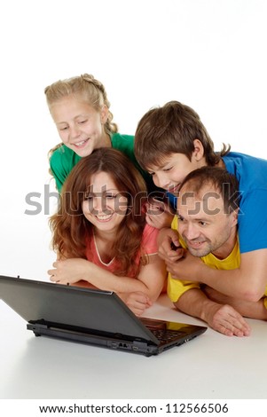 Honey family of four in bright T-shirt on a white background