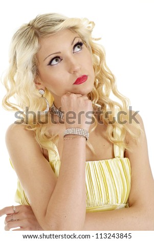 Striking blonde with a bright appearance on a white background