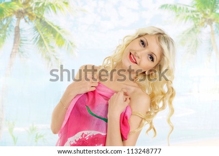 Cute blonde with a bright appearance on a white background
