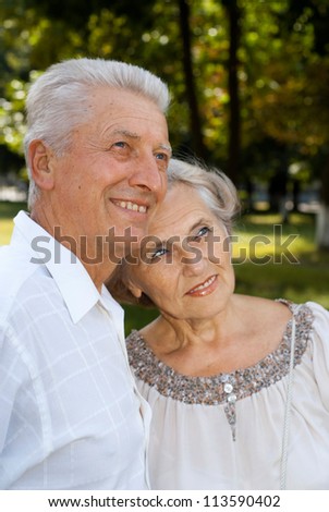 Nice elderly couple went for a walk in the park on a summer day