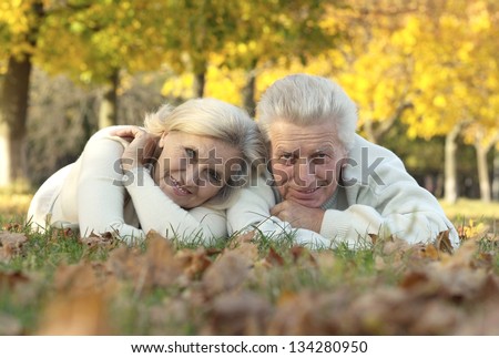 beautiful caucasian elderly couple walking in the park in autumn