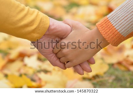 two hands together against the fallen leaves