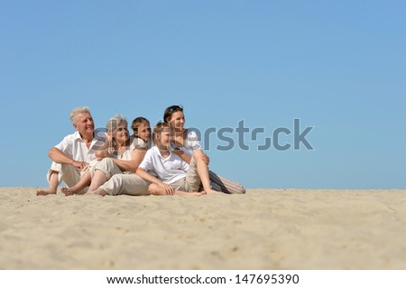 big happy family relaxing on the sand together