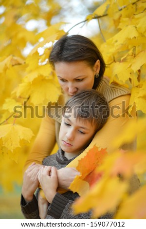 mum with the son on a walk during the fall of the leaves in the park