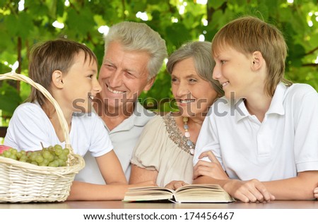 Grandparents with grandchildren reading book in summer
