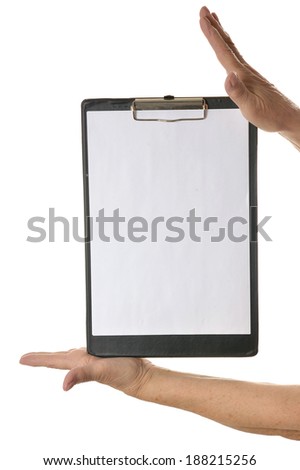 Hands holding clipboard with blank sheet of paper