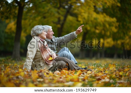 Happy elderly couple sitting in autumn nature