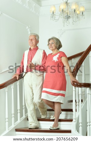 Portrait of beautiful elderly woman on stairs with railing