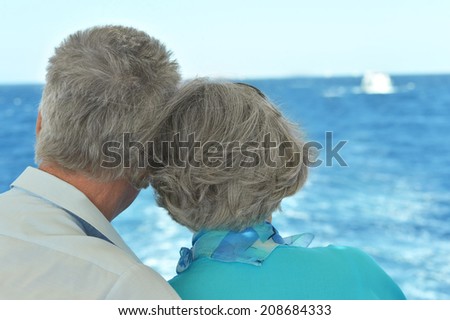 Happy elder couple looking a sea together