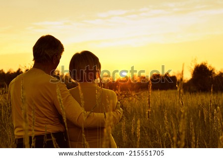 Beautiful happy couple on the field at sunset,back view