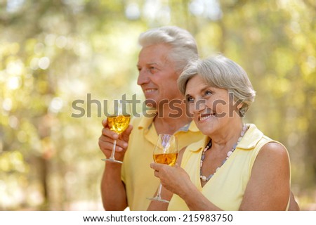 Mature couple drinking wine over natural background