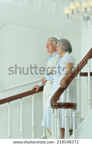 Portrait of beautiful elderly couple on the stairs with railing
