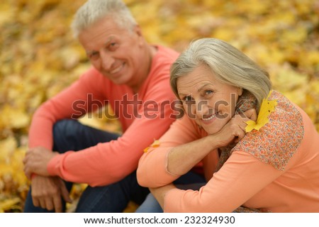Beautiful happy old people sitting in the autumn park