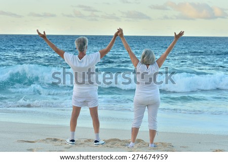 Elderly couple standing on the beach facing the sea