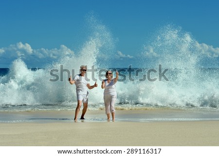 Beautiful elderly couple standing on the beach