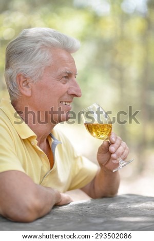 Smiling old man drinking wine in summer park