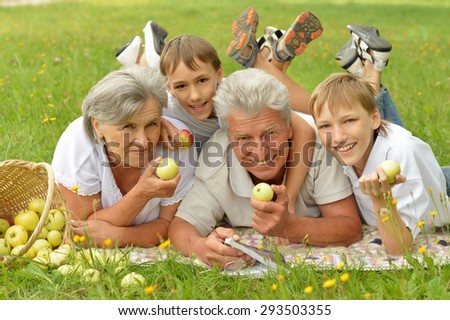 Happy cute smiling family on green summer grass with apples