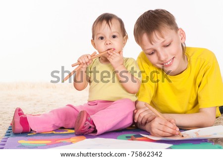 brother and sister drawing and dreaming on white background