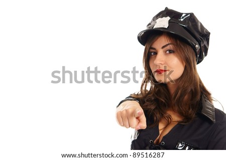 cute police woman posing on a white