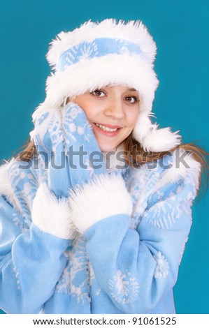 cute snow maiden posing on a white