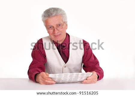 old guy with newspaper at table on white