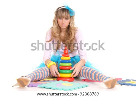cute girl with funny socks on white