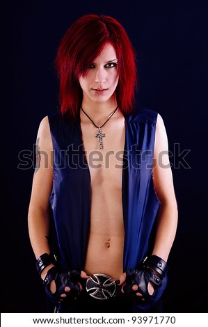 cute gothic girl with jacket posing at room