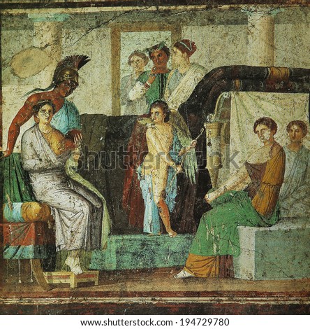 NAPLES, ITALY - MAY 14, 2014:  Frescoes in the Ruins of the old city of Pompeii, near Naples, Italy, May 14 2014,  in  Naples, Italy.