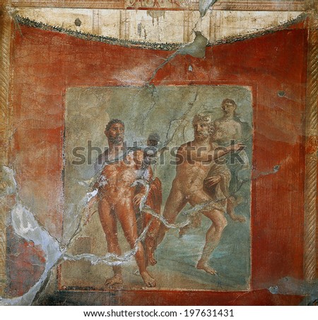 NAPLES, ITALY - MAY 14, 2014:  Frescoes in the Ruins of the old city of Pompeii, near Naples, Italy, May 14 2014,  in  Naples, Italy.