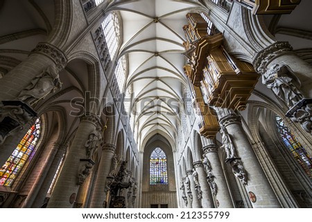 BRUSSELS, BELGIUM - AUGUST 05, 2014 : Interiors, paintings and details of Cathedral Saints-Michel-et-Gudule,   August 5, 2014,  in  Brussels, Belgium