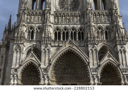 AMIENS, FRANCE  AUGUST 07, 2014:  architectural details of  the gothic cathedral of Amiens, on august 07, 2014,  in  Amiens, France.