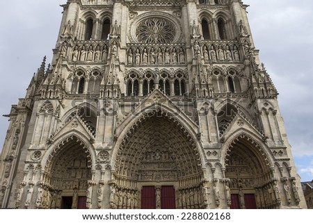AMIENS, FRANCE  AUGUST 07, 2014: architectural details of  the gothic cathedral of Amiens, on august 07, 2014,  in  Amiens, France.