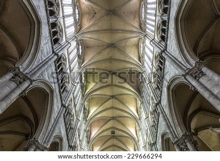 AMIENS, FRANCE - AUGUST 07, 2014: Interiors and architectural details of  the gothic cathedral of Amiens, on august 07, 2014,  in  Amiens, France.