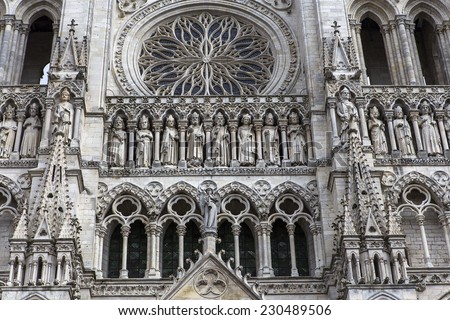 AMIENS, FRANCE AUGUST 07, 2014: exteriors and architectural details of  the gothic cathedral of Amiens, on august 07, 2014, in Amiens, France.
