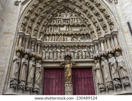 AMIENS, FRANCE AUGUST 07, 2014: exteriors and architectural details of  the gothic cathedral of Amiens, on august 07, 2014, in Amiens, France.