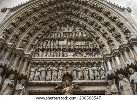 AMIENS, FRANCE AUGUST 07, 2014 : Interiors and architectural details of  the gothic cathedral of Amiens, on august 07, 2014, in Amiens, France.