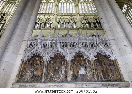 AMIENS, FRANCE-AUGUST 07, 2014 : Interiors and architectural details of  the gothic cathedral of Amiens, on august 07, 2014, in Amiens, France.