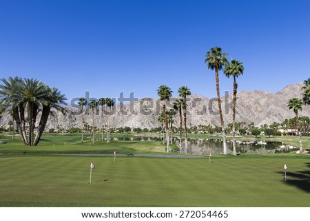 Landscape with coconut trees and mountains in Palm Springs, California, usa