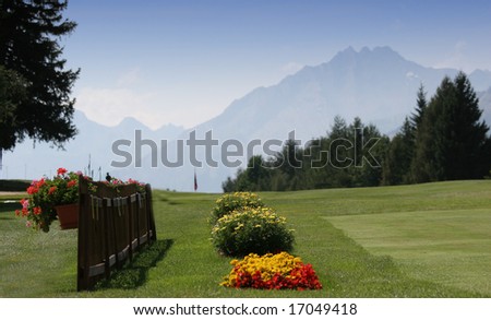 Golf course in Crans-Montana,  in the sun with flowers at mountain switzerland