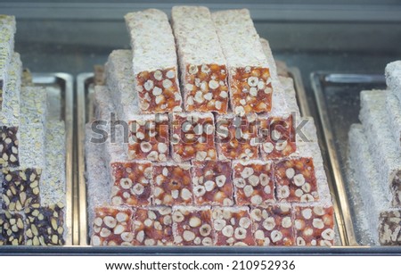 Stacks of Turkish Delight in a storefront window
