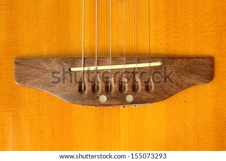Macro shot down the fretboard of acoustic guitar