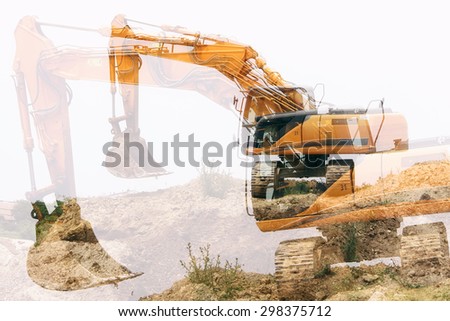 Excavator loader machine during earth moving works outdoors at construction site, double exposure