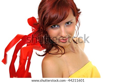 A girl with ribbon falling around her head