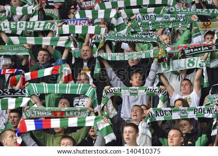 LUBIN, POLAND - MAY 30: Fun supporters of Lechia Gdansk during match Polish Premier League between KGHM Zaglebie Lubin - Lechia Gdansk (0:3)  on May 30, 2013 in Lubin, Poland.