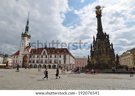 OLOMOUC, CZECH REPUBLIC - AUGUST 13, 2012: Old City Square with town hall and Holy Trinity Column. In the old city there is the second largest group of monuments in the Czech Republic.