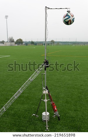 LUBIN, POLAND - SEPTEMBER 25, 2014: Tests of artificial turf made in order to get a certificate FIFA 2 Star.