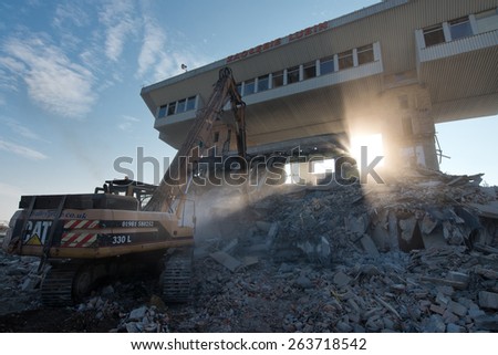 LUBIN, POLAND - MARCH 24, 2015: Dismantling of a old building of football club KGHM Zaglebie Lubin. This building was build in 1985 year.
