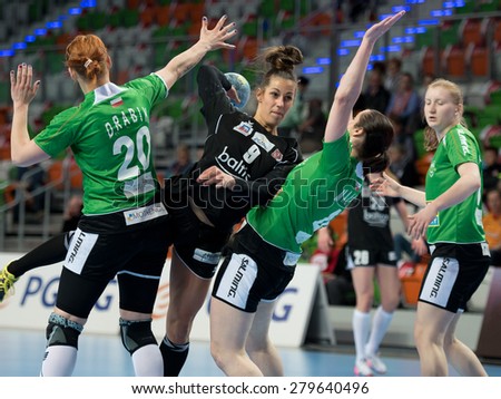 Lubin, Poland. 17th May, 2015. Match for 3rd place of PGNiG Polish Cup Women in handball. Match between MKS Selgros Lublin - SPR Pogon Baltica Szczecin 24:25. In action Patrycja Noga (9).