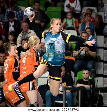 Lubin, Poland. 17th May, 2015. Final match of PGNiG Polish Cup Women in handball. Match between KGHM Metraco Zaglebie Lubin - Vistal Gdynia 18:26. In action Kinga Gutkowska.