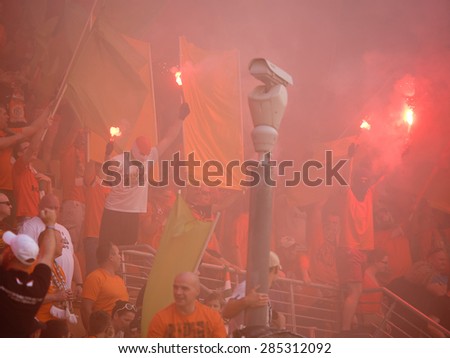LUBIN, POLAND - JUNE 6, 2015: Fans of Zaglebie Lubin smoke flares during match Polish 1 League between KGHM Zaglebie Lubin - Termalica Bruk-Bet Nieciecza   1:1.